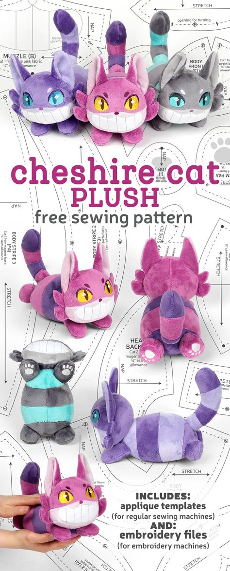 Free Pattern Friday! Cheshire Cat Plush – Sew Desu Ne? Plush Toy Sewing Pattern, Cute Plushies Sewing Patterns, Toy Patterns Free Sewing, Diy Plushies Patterns Free, Sewing Patterns Free Plushies, Tim Burton Cheshire Cat, Cat Plushie Pattern, Cat Plush Pattern, Plush Sewing Patterns