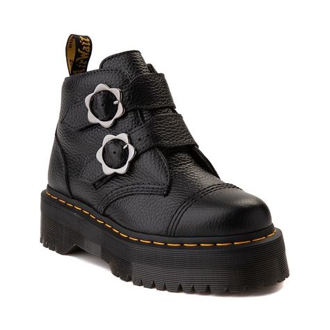 Womens Dr. Martens Devon Flower Boot - Black | JourneysCanada Devon Flower Buckle Leather Platform Boots, Doc Marten Flower Buckle, Dr Martens Devon Outfit, Flower Buckle Doc Martens Outfit, Doc Martens Flower Buckle, Flower Doc Martens, Devon Flower Dr Martens, Devon Flower Dr Martens Outfit, Doc Martens Devon