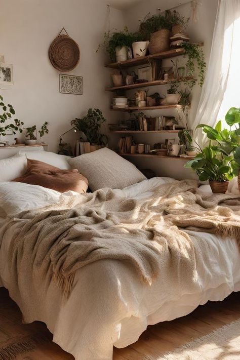 Simple Bedroom With Plants, Cozy Bedroom Ideas Vintage, Cozy Floor Bed, Clean Boho Bedroom, Earthy Tone Bedroom, Cozy Bedroom Apartment, Nature Aesthetic Bedroom, Small Cozy Bedroom Ideas, Boho Room Aesthetic