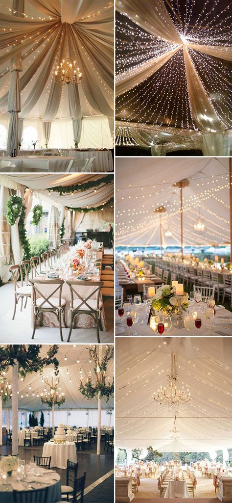 Wedding Tent Chandelier Ideas, Ceiling Lights For Wedding, Ceiling Decoration For Wedding, Tent Lights Wedding, Tent Wedding Reception Decorations, Tent Draping Ideas, Draped Ceiling, Wedding Tent Lighting, Pavillion Wedding