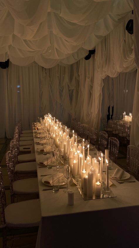 One Long Wedding Dinner Table, 60th Dinner Party Decorations, White Bday Decorations, Fabric Decoration Ideas Wedding, Candle Aesthetic Wedding, Long Guest Tables Wedding, Bride Dress Minimalist, All Candles Wedding, Dinner Candles Decoration