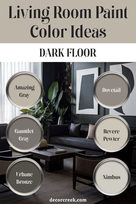 The image showcases six paint colors for living rooms with dark flooring under the title "Living Room Paint Color Ideas Dark Floor." Each color is displayed as a circular sample against a sophisticated living room backdrop featuring dark furniture, framed art, and lush greenery. The colors shown are Amazing Gray, Dovetail, Gauntlet Gray, Revere Pewter, Urbane Bronze, Nimbus. Office With Dark Floors, Open Kitchen And Living Room Paint Ideas, Dark Trim Light Walls Living Room, Cozy Basement Paint Colors, Dark Gray Floors, Urbane Bronze Coordinating Colors, Best Living Room Paint Color, Dovetail Sherwin Williams, Dark Wood Floors Living Room