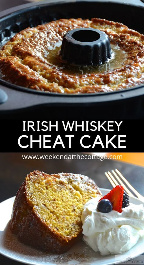 A delicious, moist cake with a buttery whiskey sauce and it only takes minutes to mix together. All you need: a yellow cake mix, vanilla pudding, eggs, milk, oil, walnuts, sugar and whiskey. Serve with whipped cream or vanilla ice cream.   #easycake #cakemixrecipes #whiskybuttersauce #glazedcakeeasy #whiskycake #cakerecipeeasy #cheatcake Tennessee Whiskey Cake, Whiskey Food Recipes, Irish Whiskey Cake, Whiskey Cake Recipe, Whisky Cake, Boozy Cakes, Boozy Baking, Liquor Cake, Whiskey Sauce