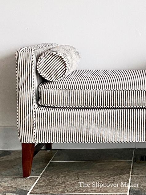 Sofa Stripes Fabrics, Ticking Stripe Ottoman, Ticking Stripe Couch, Ticking Stripe Armchair, Ticking Sofas, Diy Slipcovers For Couch, Ticking Sofa, Sofa Alternatives, Fabric For Chairs Upholstery