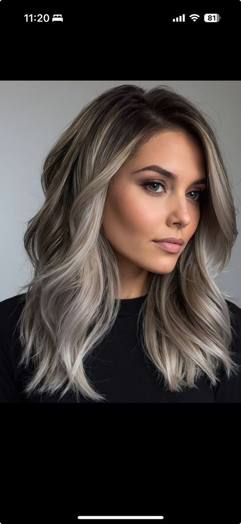 Ombre Hair Color Ash Blonde, Cool Tone Skin Hair, Fall Blonde Hair Color Balayage Ash, Blond With Dark Lowlights, Ashy Balyage Long Hair Brunettes, Dark Roots Ashy Blonde Hair Balayage, Fall Shadow Root Blonde, Ash Brown To Platinum Color Melt, Blonde Ash Hair Color Ideas