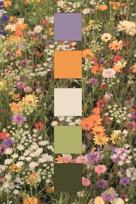 Green Purple Orange Room, Meadow Color Palette, Wild Flower Color Palette, Purple Orange Color Palette, Green Color Palette Wedding, Gemstone Color Palette, Orange Green Color Palette, Garden Wedding Color Schemes, Green Purple Color Palette