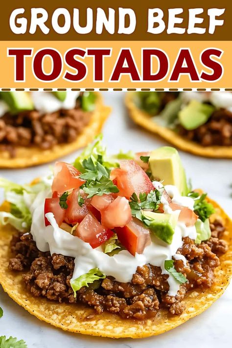 Dinner For 2 Ground Beef, Spanish Ground Beef Recipes, Tostada Recipes Beef, How To Make Tostadas, Recipe Ideas With Ground Beef, Beef Tostada Recipes, Easy Tostada Recipes, Ground Beef Tostadas, Easy Taco Recipes Beef