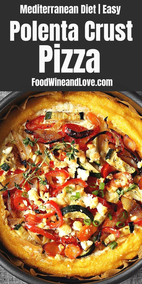 Simple Polenta Pizza, a gluten free, vegetarian, and meditteranean diet friendly pizza crust recipe Cornmeal Pizza Crust, Stromboli Recipes, Diet Gluten Free, Polenta Pizza, Noodles Recipes, Italian Pizza Recipe, Mediterranean Meals, Gluten Free Pizza Crust, Polenta Recipes