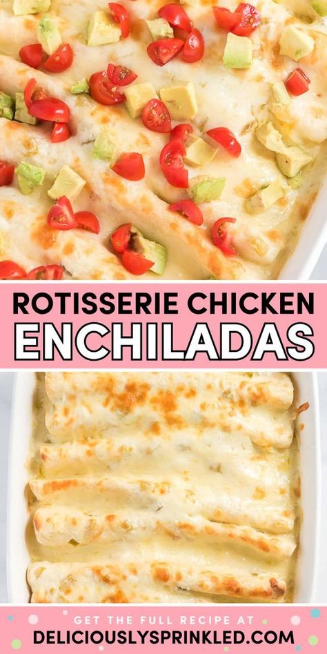 You're going to love these baked chicken enchiladas! This quick and easy meal for tonight is ready in just 30 minutes. Made with rotisserie chicken and a sour cream sauce, this is the BEST enchilada recipe. Put this on your rotation of busy weeknight dinners! Authentic Chicken Enchilada Recipe, Best Chicken Enchilada Recipe, Creamy Chicken Enchiladas Recipe, Rotisserie Chicken Enchiladas, Easy Chicken Enchilada Recipe, Enchilada Ingredients, Creamy Chicken Enchiladas, Chicken Enchiladas Easy, Sour Cream Sauce