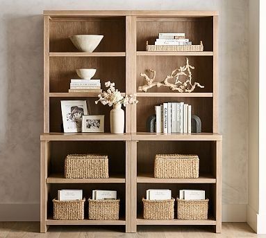 Favorites Gallery | Pottery Barn Coastal Home Aesthetic, Bookcase With Drawers, Farmhouse Shelf, Office Vibes, Lee Radziwill, Bookshelf Organization, Farmhouse Shelves, Open Cabinets, Dining Room Style