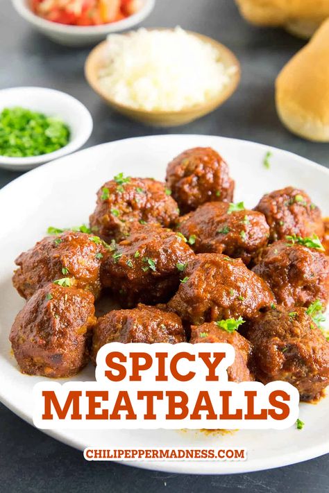 Spicy Pork Meatballs, Spicy Meatball Sauce, Spicy Meatball Recipes, Spicy Meatballs Appetizers, Slow Cooker Beef Tenderloin, Spicy Meatballs Recipe, Meatballs Sauce Recipe, Moist Meatballs, Meatball Appetizer Recipe