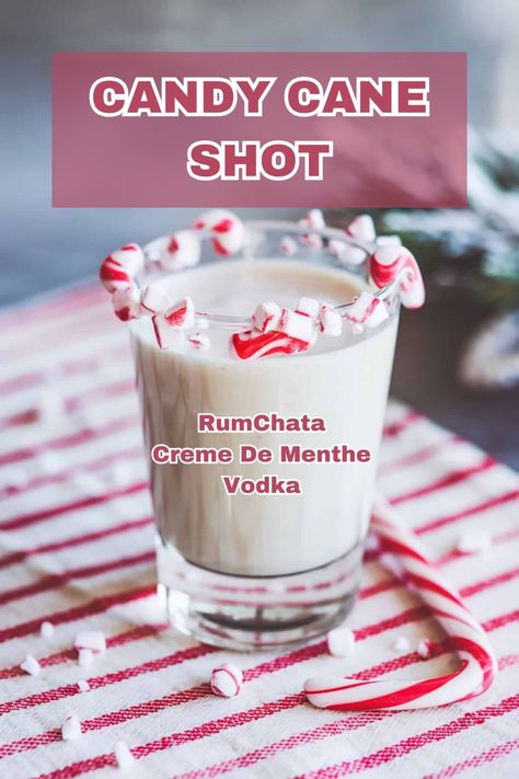 A festive Candy Cane Shot with a candy cane garnish and a red swirl. Candy Cane Shot Glasses, Candy Cane Shooters, Christmas Shooter Ideas, Candy Cane Shots Recipe, 12 Shots Of Christmas, Alcoholic Christmas Drinks For A Party, Christmas Party Shots Holiday Drinks, Candy Cane Margarita, Christmas Dessert Shots