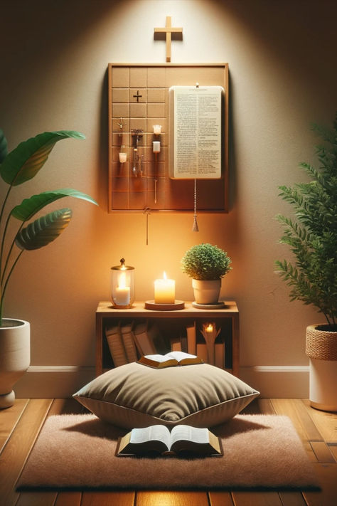 Transform a corner of your home into a serene prayer room. Our easy guide shows you how to create a tranquil space with plush pillows, scented candles, and a custom prayer board. Perfect for reflection and spiritual growth. Click for inspiration! #PrayerRoomDesign #HomeSanctuary #SpiritualSpace" Christian Home Interior Design, Praying Altar Design, Christian Meditation Space, Pray Room Ideas Christian, Bedroom Prayer Corner, Altar Inspiration Spiritual, Bible Room Ideas, Prayer Room Decoration Ideas, Praying Room Christian