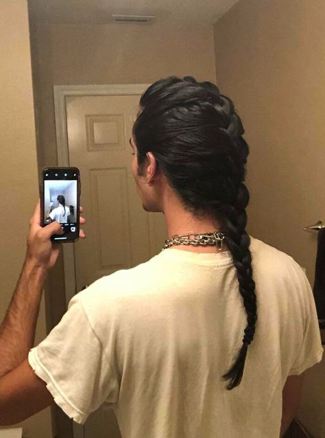 Long Hair Men Braid, Masculine Braids For Long Hair, Mens Long Haircut Undercut, Braid Mens Hair, Mens French Braid, Men Long Hair Braids, Men With Ponytails, Ponytail Hair Drawing, Haircuts Long Curly Hair