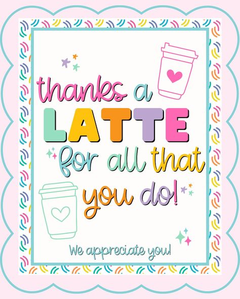 ☕️ "Thanks a LATTE for all you do!" ☕️ ✨ Show your appreciation with this adorable instant download 8x10 sign featuring colorful typography and whimsical latte and coffee graphics! Perfect for thank you gifts or showing gratitude. 🎁💕 👉 Click the link in bio to grab yours today! #ThankYouGift #AppreciationGift #InstantDownload #PrintableSign #EtsyPrintable #WhimsicalDesign #CoffeeLovers #ColorfulTypography #GiftIdea #GratitudeGift #TeacherAppreciation #StaffAppreciation #CoworkerGift #Thank... Pta Gifts, Coffee Graphics, School Staff And Teachers Appreciation, Colorful Typography, Showing Gratitude, Thanks A Latte, Appreciation Quotes, Employee Appreciation Gifts, Staff Appreciation