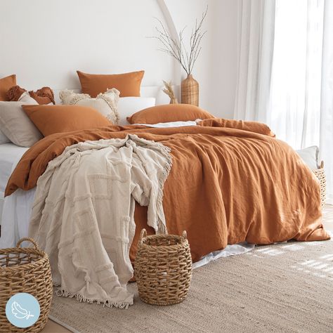 Pair the bold shade of rust linen with beautiful natural tones and textures for a relaxed take on bedroom styling.#PillowTalkAustralia #ForTheLoveOfComfort #bedroomdecor #bedroomstyling #quiltcoverset #quilt #bedroom Minimalist Dekor, White Room, Bed Sets, Bed Linen Sets, Linen Duvet Covers, Duvet Bedding, Cotton Duvet Cover, Room Inspiration Bedroom, Boho Bedroom