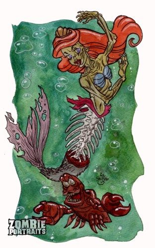 Ariel [as a mermaid feat. Sebastian both as zombies] (As Monsters by… Twisted Characters, Horror Disney, Scary Disney, Mermaid Zombie, Zombie Mermaid, Creepy Disney, Grim Fairy Tales, Dark Disney Art, Evil Princess