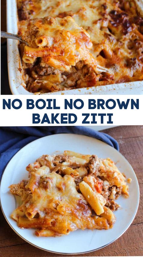 Enjoy all of the goodness of baked ziti with a fraction of the prep work! You don't have to boil the noodles or brown the meat, just layer it up and bake it to perfection. Easy Party Side Dishes, Baked Ziti Casserole, Ziti Casserole, Easy Lunch Prep, Easy Baked Ziti, Quick Pasta Recipes, Italian Sausage Pasta, Ziti Recipes, Baked Dinner