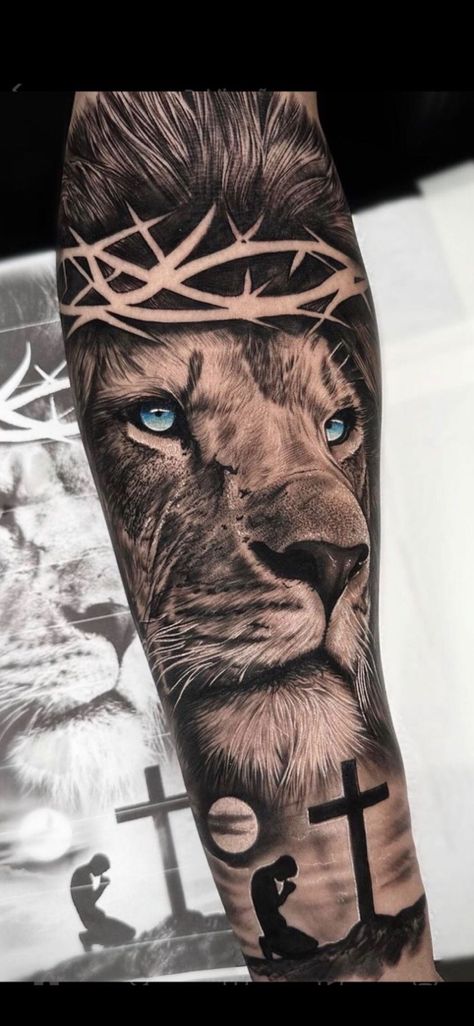 Lion And Cross Tattoo, Christian Tattoos Men, Chris Tattoo, Armor Of God Tattoo, Christus Tattoo, Lion Forearm Tattoos, Tricep Tattoos, Biblical Tattoos, Christian Sleeve Tattoo