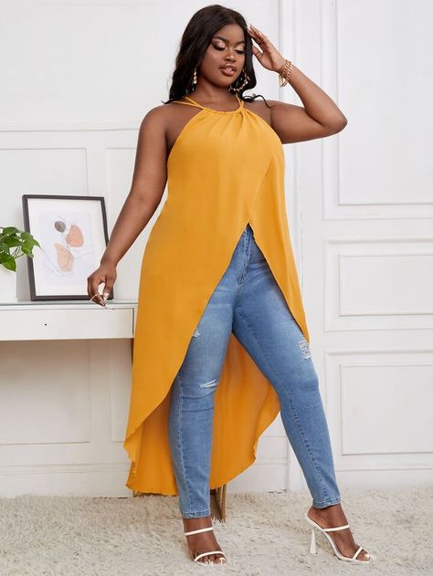 SHEIN Slayr Plus Wrap High Low Hem Criss Cross Back Cami Top | SHEIN USA African Wear Dresses, Black And White Baby, Black Hot Pink, Womens Cami, Plus Size Tank Tops, How To Stretch Boots, Stylish Clothes For Women, Yellow Fashion, Denim Coat