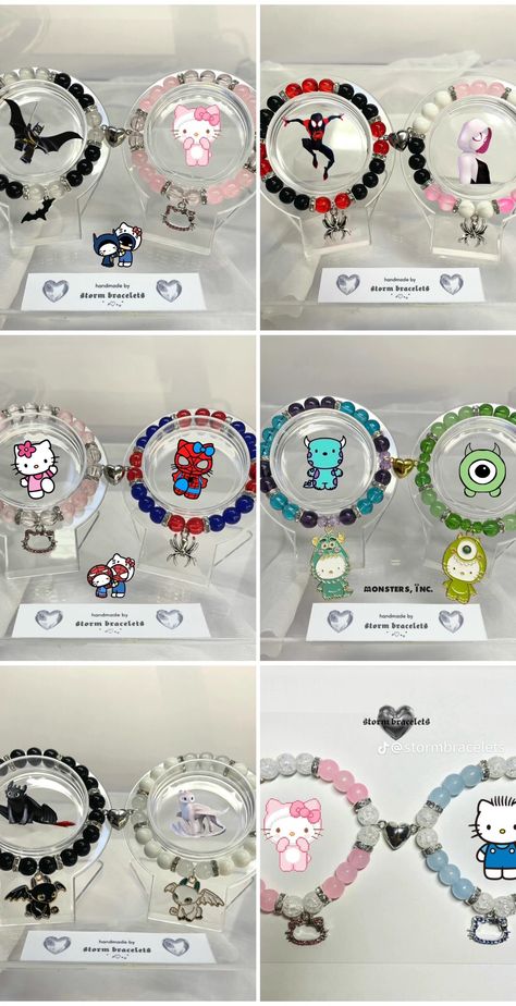 Friendship Bracelets Glass Beads, Matching Hello Kitty Jewelry, Braclets Ideas Beaded Matching, Bracelets Ideas For Couples, Bracelet Ideas Bf And Gf, Bracelet Ideas Beads Words, Themed Bracelet Ideas, Clay Bead Bracelet Ideas Spiderman, Bracelet Ideas Spiderman