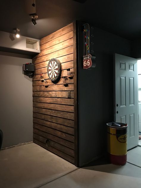 Our dart board wall! Sooooo coool! Exposed Basement Ceiling, Small Basement Bedroom, Dart Board Wall, Industrial Basement, Dart Boards, Game Room Basement, Man Cave Basement, Man Cave Home Bar, Small Basements