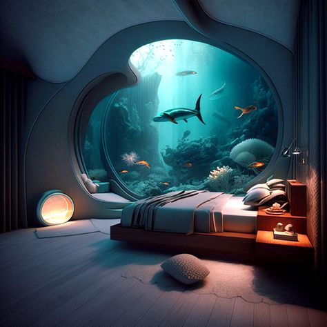 Floating Bed Aesthetic, Underwater Bedroom Aesthetic, Big Aquarium Living Rooms, Underwater Bedroom, Modular Bedroom, Underwater House, Romantic Bed, Water Fairy, Undersea World