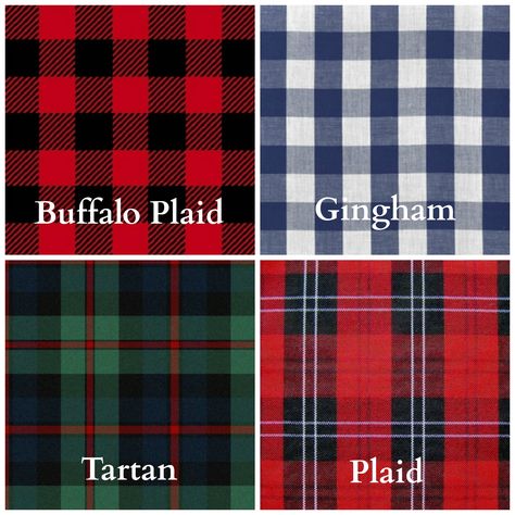 The difference between buffalo plaid, gingham, tartan, and plaid. Just to know. Gingham Fashion Illustration, Buffalo Plaid Outfit, Clothing Fabric Patterns, Fashion Terminology, Corner Border, Fashion Terms, Fashion Vocabulary, Tartan Design, Textile Pattern Design