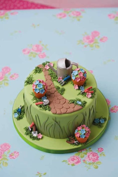 Cake Design For Kids, Celebration Cakes Birthday, Allotment Cake, Garden Theme Cake, Gardening Cake, Simple Cake Design, Garden Birthday Cake, 60th Cake, Tractor Cake