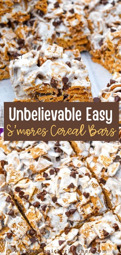 S’mores cereal bars are a delicious no bake treat with all the flavors of the campfire favorite. You only need 4 ingredients and 15 minutes and these treats are ready to devour! Try this quick and easy recipe today from The Quicker Kitchen, a food blog for busy families. Smores Fudge Bars, S’mores Oatmeal, No Bake Smores Bars, No Bake Smores Bars Golden Grahams, No Bake Cereal Bars, S’mores Treats With Golden Grahams, Golden Grahams Smores Bars, S'mores Bars Golden Grahams, Golden Graham’s S’mores Bars