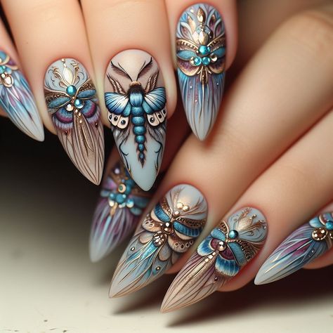 Moth Nail Art, Moth Nails, Witchy Nails, Luna Moth, Nail Inspo, Hair And Nails, Moth, Gel Nails, Butterflies