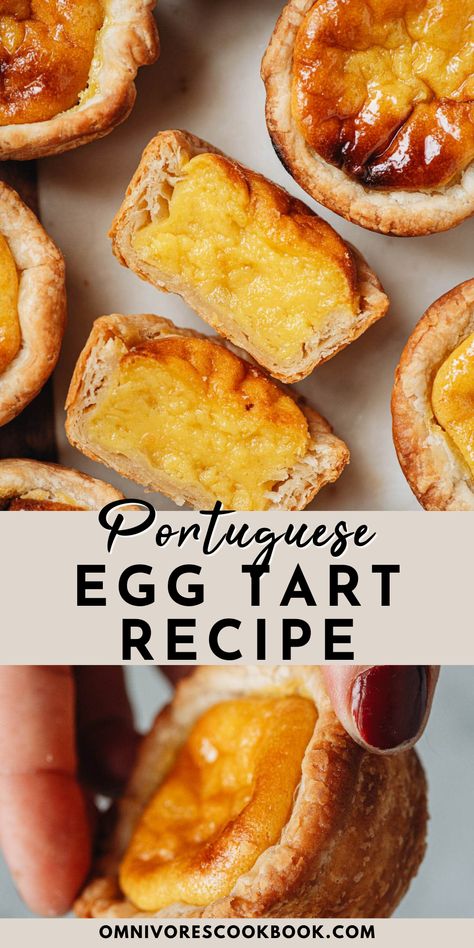 How to make Portuguese Egg Tarts. A Portuguese Egg Tart has a crunchy layered crust with a creamy custard filling. Serve for a brunch, snack, hostess gift and more! They are pretty, so tasty and vegetarian. Pastry Vegetarian Recipes, Quiche, Portuguese Egg Tart Recipe, Egg Custard Tart Recipe, Portuguese Custard Tart Recipe, Egg Custard Recipes, Egg Tart Recipe, Portuguese Dessert Recipes, Portuguese Tarts