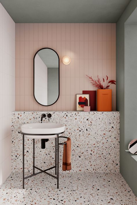 Terrazzo Tile in Bathroom Setting Bathroom Terrazzo, Earthy Bathroom, Terrazzo Bathroom, Terrazzo Flooring, Toilet Design, Downstairs Bathroom, Bathroom Inspiration Decor, Small Bathrooms, Bad Design