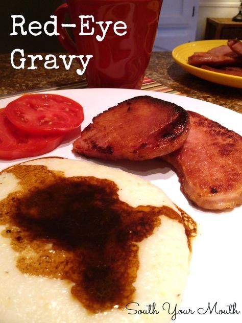 Red-Eye Gravy is a classic southern pan gravy made from country ham pan drippings. Country Ham And Red Eye Gravy, Red Gravy Southern, Ham Gravy From Drippings, Ham Gravy, Red Eye Gravy, South Your Mouth, Bbq Potatoes, Pan Gravy, Country Ham