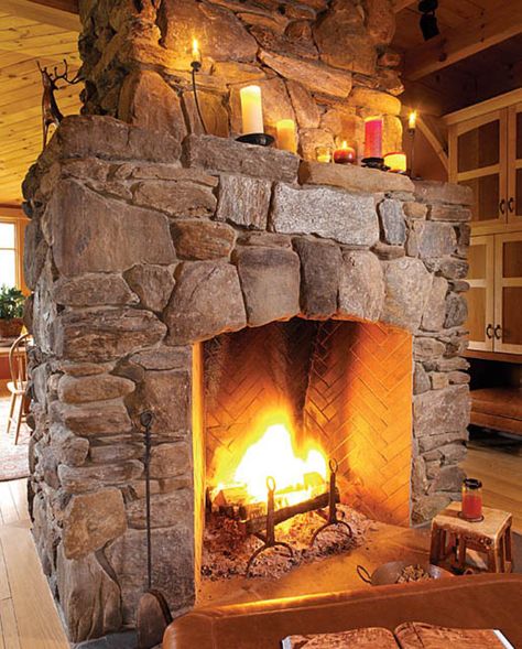 The Rumford Fireplace Houseplans Blog - Houseplans.com Stacked Rock Fireplace, Rumford Fireplace, Rustic Stone Fireplace, Stone Fireplace Designs, Stacked Stone Fireplaces, Style Fireplace, Fireplace Pictures, Masonry Fireplace, Build A Fireplace