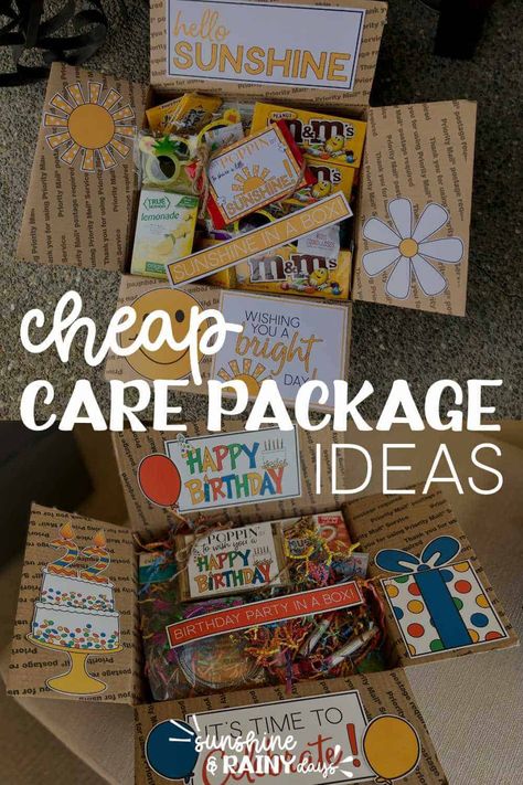 Cheap care packages can share as much joy and happiness as the expensive alternatives. Focus on the thought and effort you put into gathering things your recipient will appreciate in order to create a memorable care package that shows your thoughtfulness. Get Well Soon Care Package Ideas, Long Distance Care Package For Him, Birthday Mail Package, Care Package Decorating Ideas, Just Add Water Care Package, January Care Package Ideas, Small Care Package Ideas, Care Package For Girlfriend, Care Packages For Men