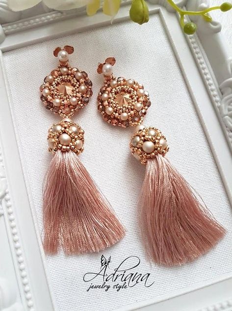 Tassels Earrings, Nude Colour, Gold Tassel Earrings, Nude Color, Beaded Tassels, Crystal Pearls, Tassel Earrings, Czech Glass, Swarovski Crystal