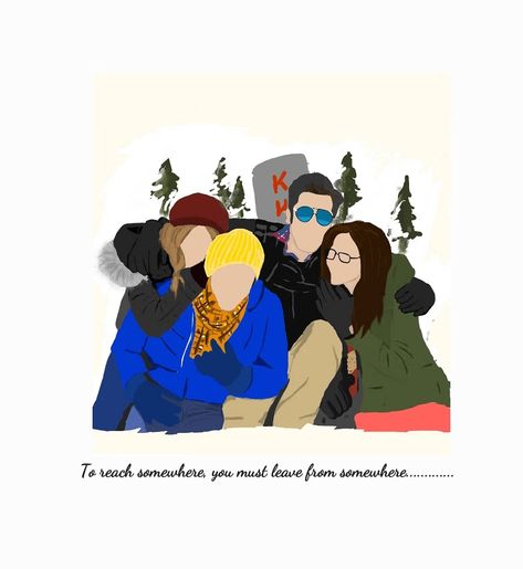 Friendship Day Illustration Art, Four Friends Quotes Friendship, Yeh Jawaani Hai Deewani Illustration, Yjhd Illustration, Yjhd Quotes Friendship, Yjhd Poster, Yjhd Painting, Yjhd Drawing, Bollywood Movie Illustration