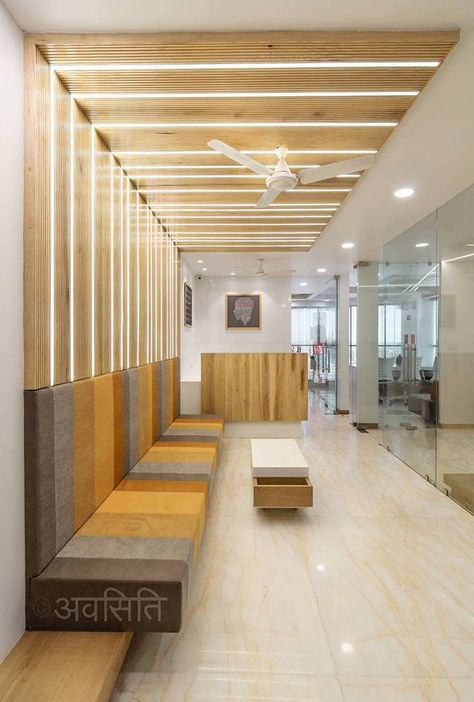 minimalistic and Simplistic Office Interiors | Avasiti - The Architects Diary Waiting Lobby Design Office, Waiting Area Ceiling Design, Waiting Area Ideas Office, Office Ceiling Ideas, Ceiling Design For Office, Reception Ceiling Design, Simplistic Office, Simplistic Interior, Ceiling Interior Design