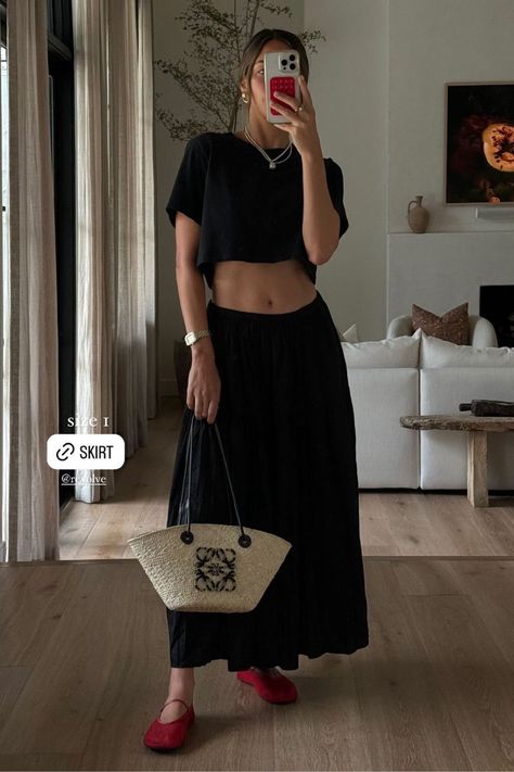 if you want some summer or fall transitional pieces, shop all my summertime favorites, including this black peasant maxi skirt by clicking on this pin! If you need casual mom outfit ideas or summer outfit ideas, I'm your girl. Details are linked on my LTK, tap to shop and be sure to scroll around to see the other looks I'm styling! Peasant Skirt Outfit, Tiered Maxi Skirt Outfit, Mom Outfit Ideas, Maxi Skirt Outfit, Mom Outfit, Casual Outfits For Moms, Peasant Skirt, Red Fall, Maxi Skirt Outfits