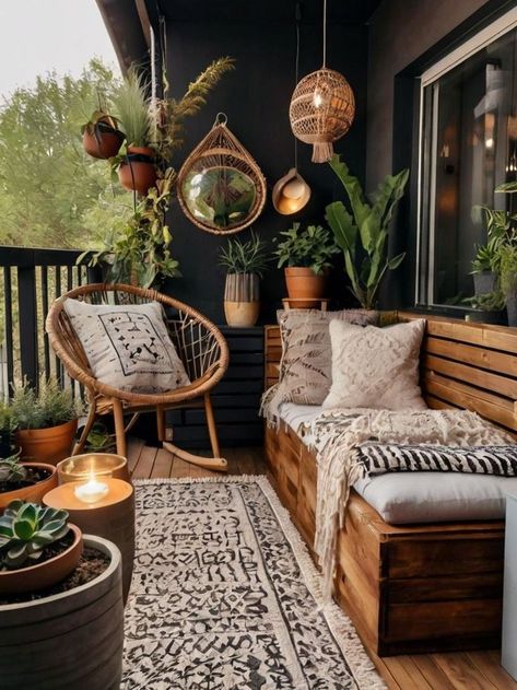 Cozy Boho Balcony Ideas, Cozy Outdoor Balcony, Boho Modern Patio, Yoga Sunroom, Balcony Seating Ideas, Upstairs Balcony Ideas, Apartment Porch Ideas, Balcony Boho, Boho Porch