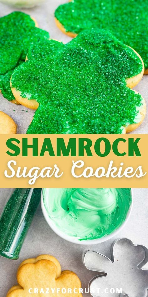 These Shamrock Sugar Cookies can be made entirely from scratch, but I also have tips for semi-homemade to make them even easier! Shamrock Cookies Easy, Shamrock Sugar Cookies, Green Frosting, Drop Sugar Cookies, Shamrock Cookies, St Patrick's Day Cookies, St Patrick Day Treats, Sanding Sugar, Crazy For Crust