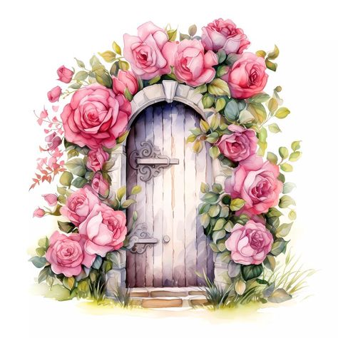 Premium AI Image | Fairy door with flowers watercolor clipart Fairy Door Watercolor, Painted Fairy Doors, Fairy Door Drawing, Vintage Fairy Illustrations, Flower Fairy Art, Door With Flowers, Fairy Garden Drawing, Door Clipart, Aesthetic Clipart