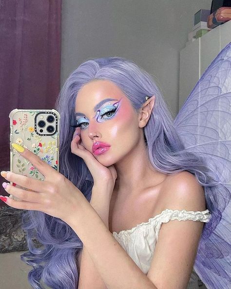 Lavender Wig, Fairy Halloween Makeup, Pastel Wig, Lavender Hair Colors, Drag Make-up, Elf Cosplay, Cute Halloween Makeup, Ren Fair, Fairy Hair