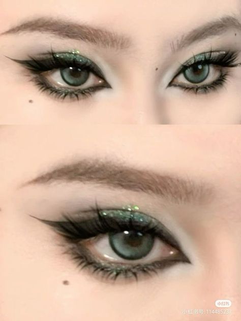 Make Up For Club Night, Green Makeup Looks Tutorial, Brown And Green Eyeshadow, Makeup For Green Eyes And Brown Hair, Green Brown Makeup, Alt Prom Makeup, K Pop Makeup Looks, Goth Douyin Makeup, Makeup For Concert