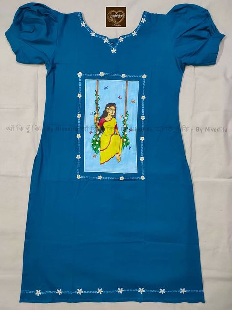 Kurti Painting Ideas, Painting On Clothes T Shirts, Fabric Painting On Kurti, Navratri Top, Fabric Painting Designs For Kurtis, Hand Painted Kurti, Punjabi Design, Panjabi Design, Fabric Colour Painting