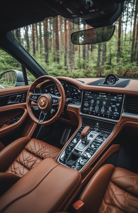 The Exquisite Interior of the 2023 Porsche Cayenne. Aventurine Green Porsche, Porsche Cayenne Interior, 2023 Porsche, Porsche Suv, Porsche Cayenne Gts, Cayenne Gts, Porsche Taycan, Brown Interior, Car Mods