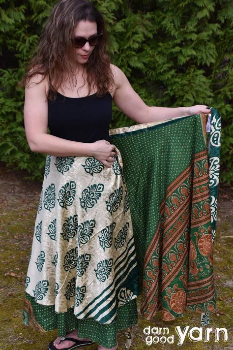 https://www.darngoodyarn.com/collections/clothing/products/sari-silk-wrap-skirts Wrap Skirt Silk, Sari Wrap Skirt Pattern, Boho Wrap Skirt, Short Kurti Designs, Sari Wrap Skirt, Wrap Skirt Pattern, Long Wrap Skirt, Silk Wrap Skirt, Simple Skirt