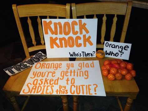 sadies orange idea Sadie Proposals Ideas, Sadie Hawkins Proposals, Girl Ask Guy, Sadies Proposal, Sadies Dance, Sadie Hawkins Dance, Prom Invites, School Dance Ideas, Prom Posters