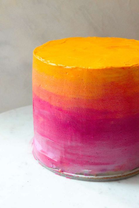 How to make a colorful ombre cake | King Arthur Baking Crumb Coating A Cake, Orange Birthday Cake, Summer Birthday Cake, Rotating Cake Stand, Two Layer Cakes, Frosting Colors, Orange Birthday, King Arthur Baking, Fiesta Tropical